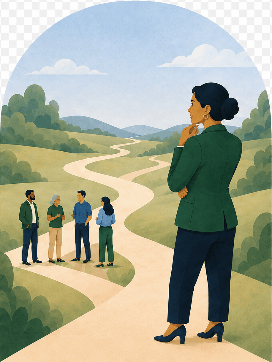 A leader considering a winding path while her team waits ahead